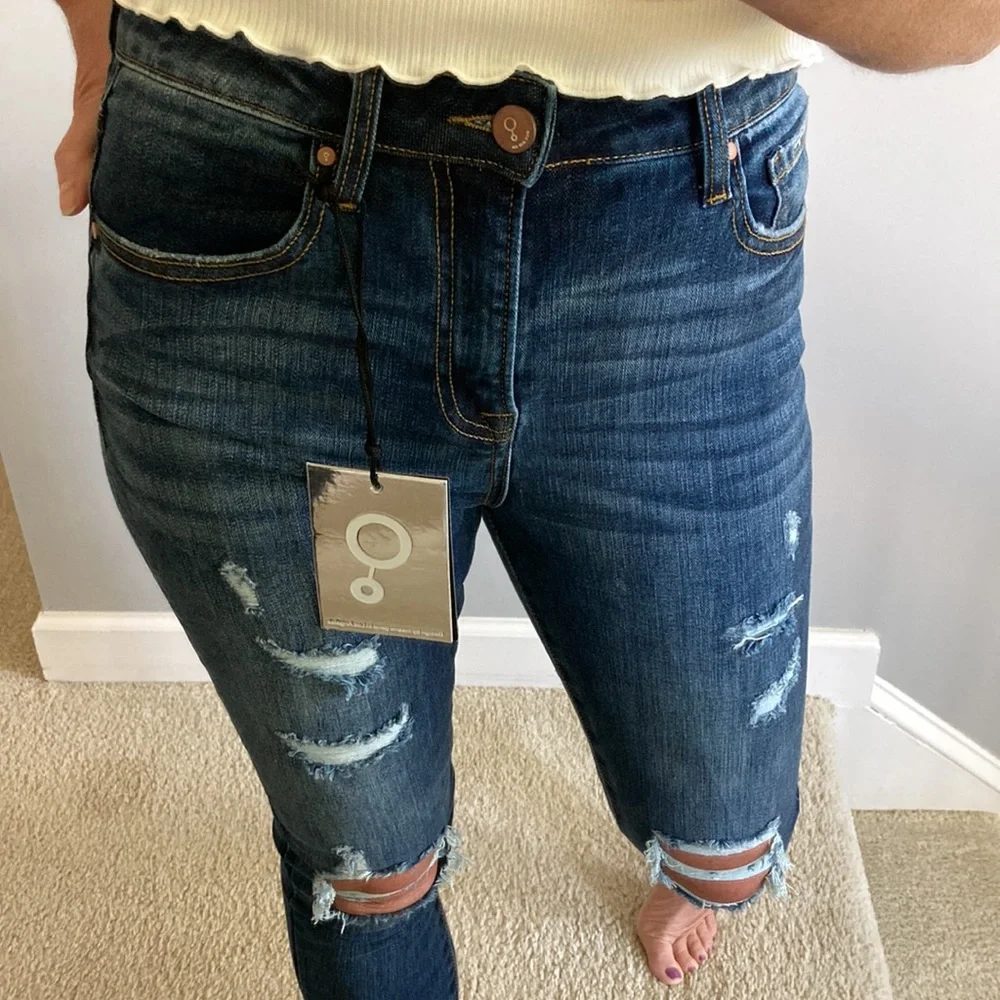 Dark Denim Mid Rise Ankle Skinny Distressed Jeans - Picture 3 of 8